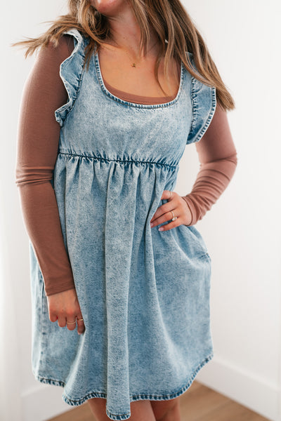 Dainty Ruffle Tie-Back Mini Denim Dress