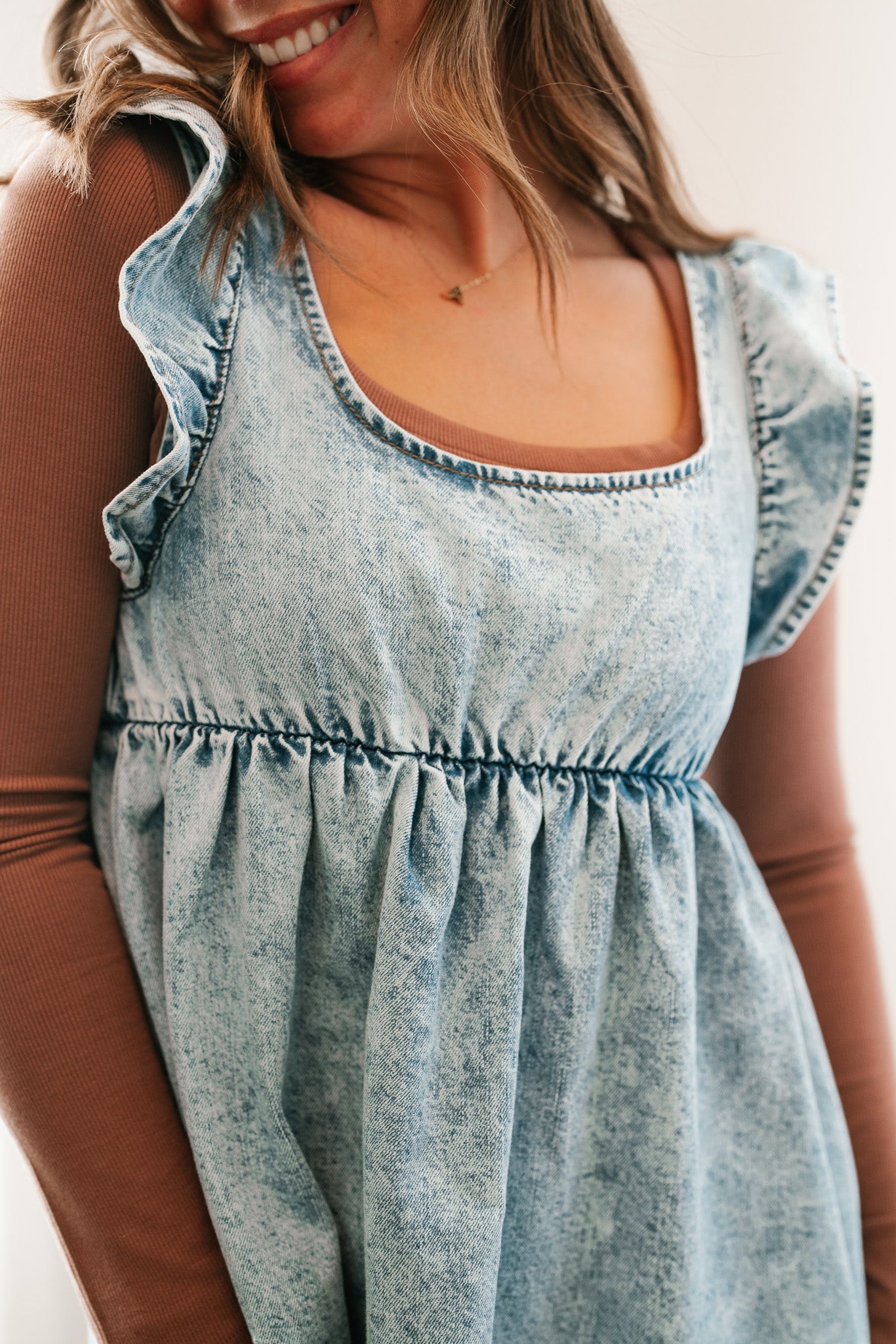 Dainty Ruffle Tie-Back Mini Denim Dress