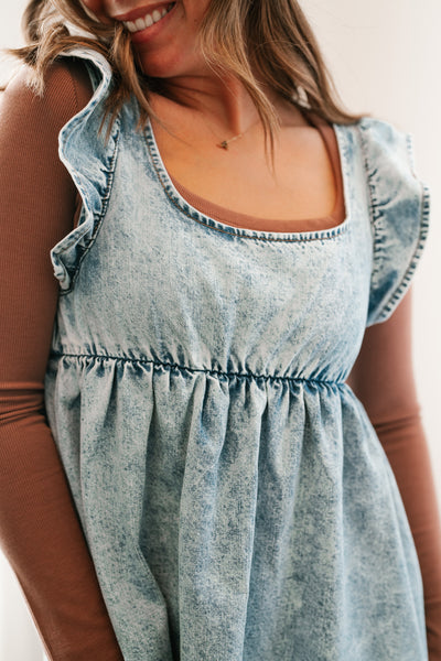 Dainty Ruffle Tie-Back Mini Denim Dress