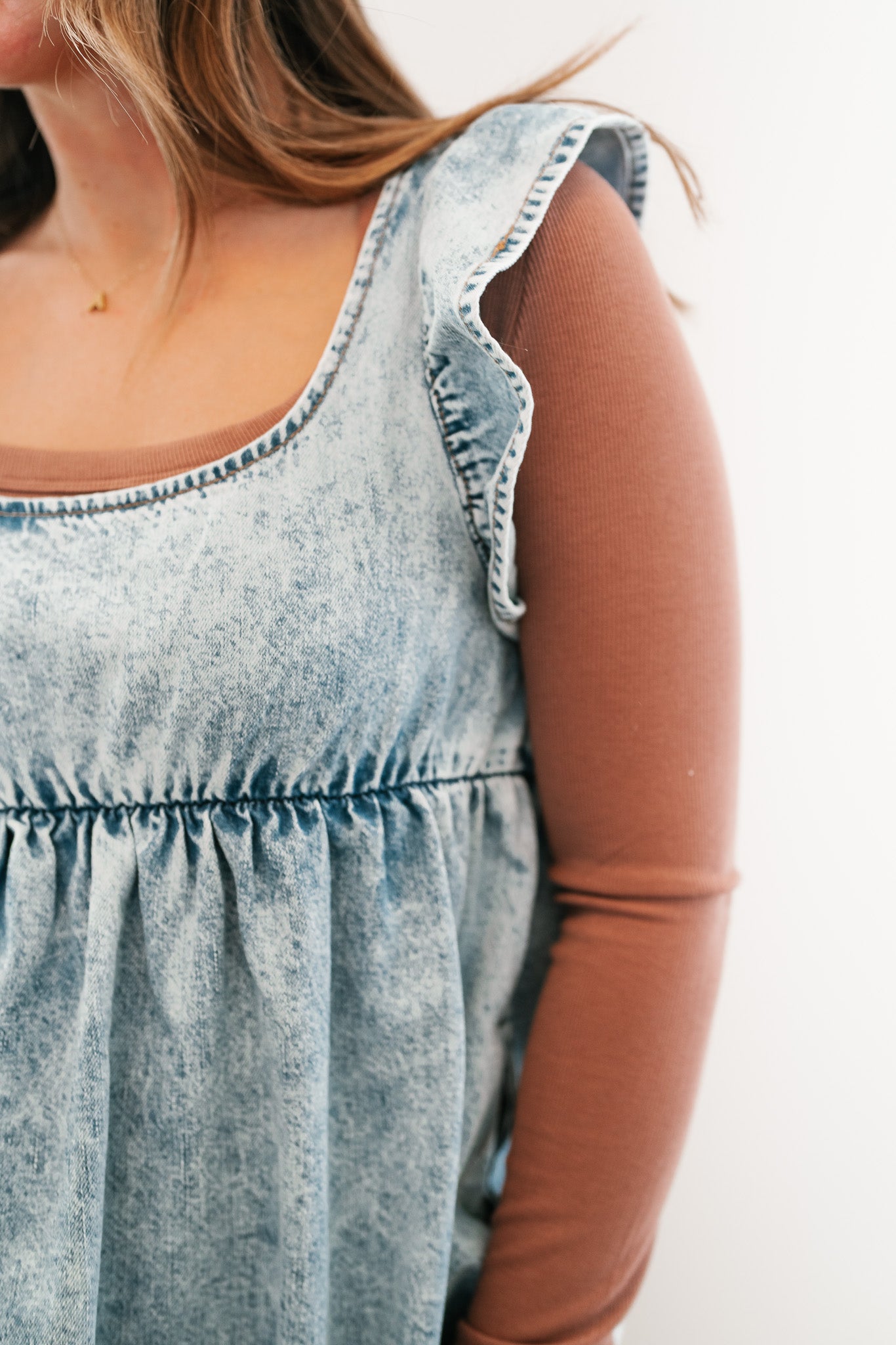 Dainty Ruffle Tie-Back Mini Denim Dress