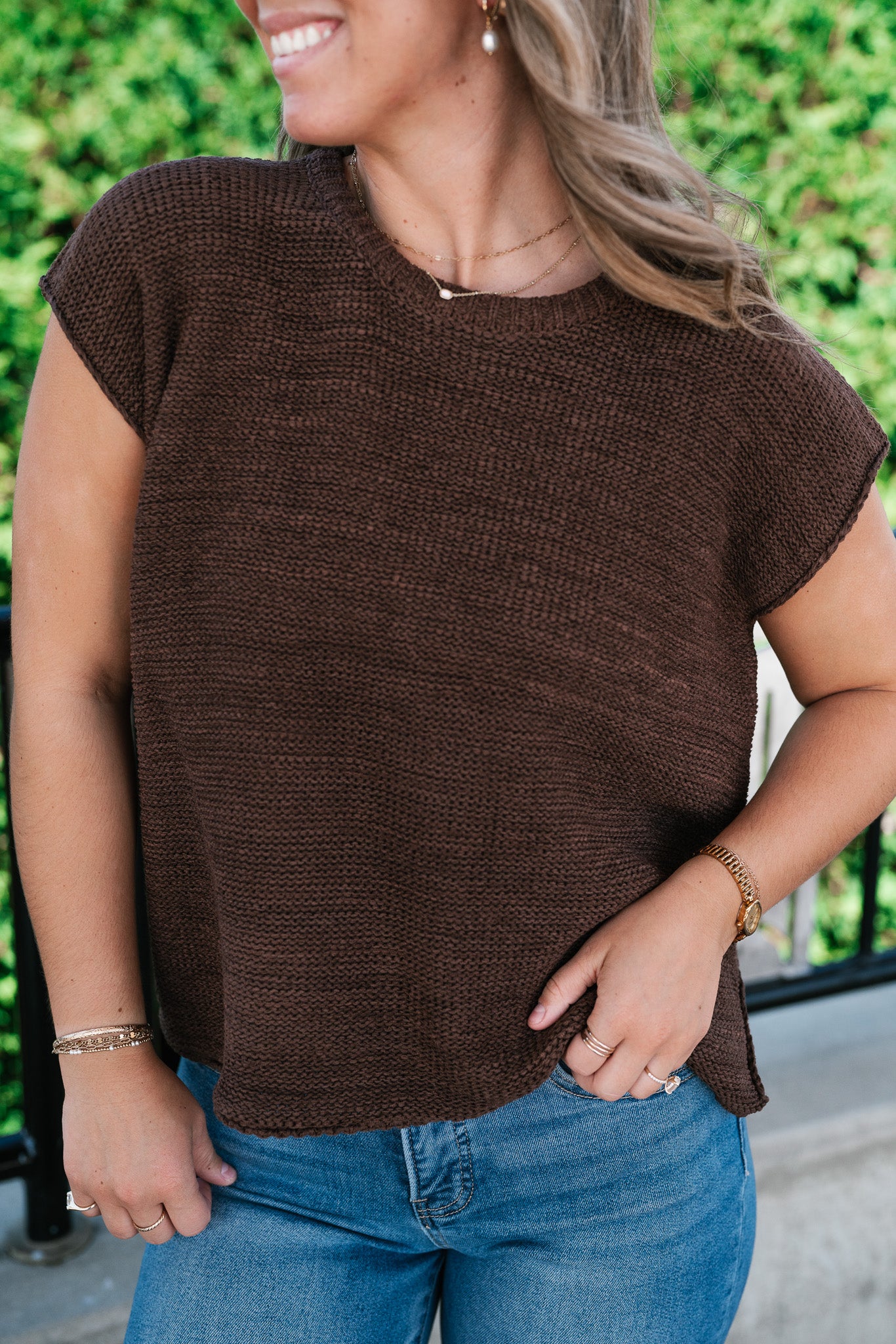 Everyday Ease Crew Neck Sweater Tank - Brown