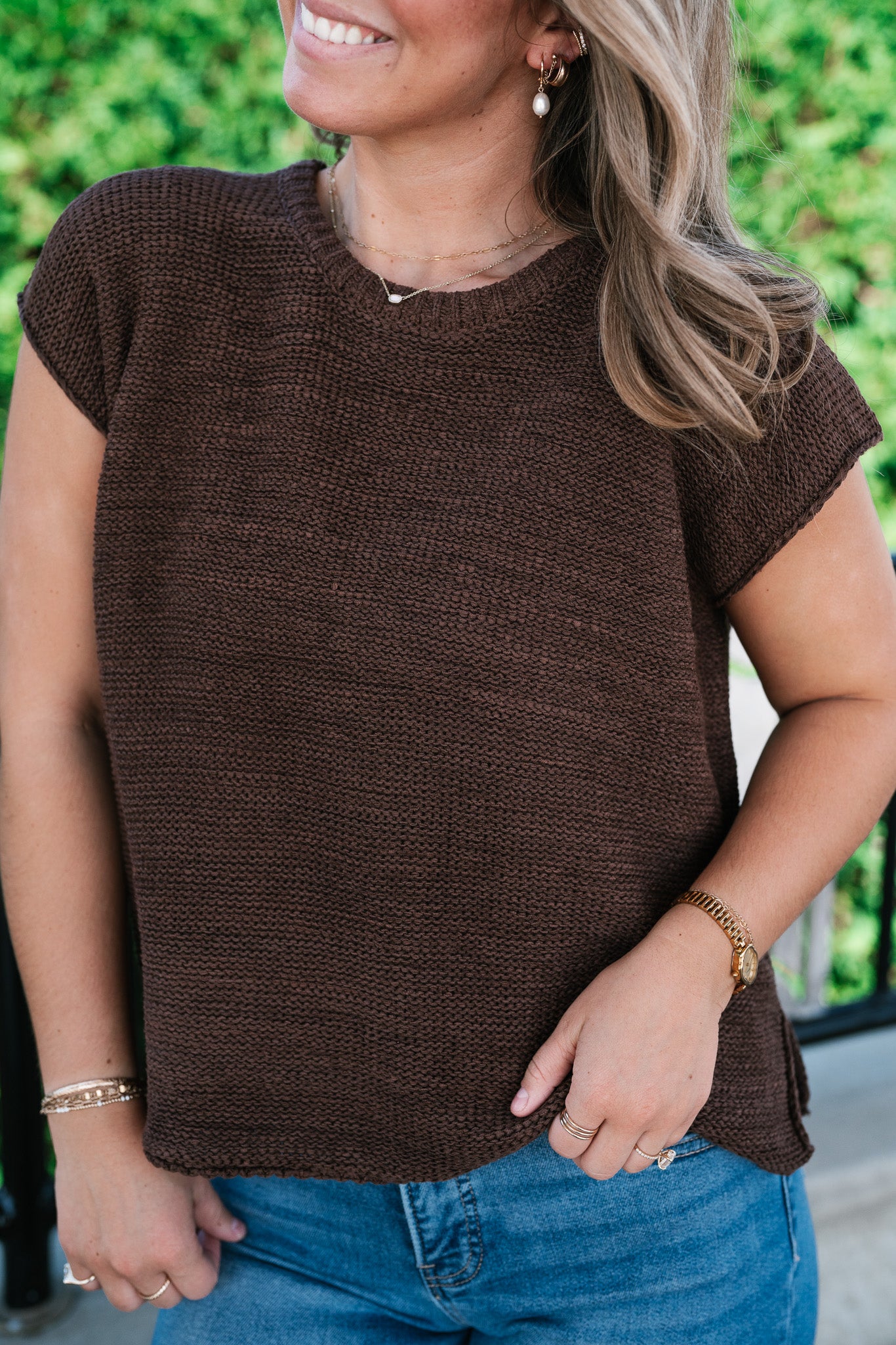 Everyday Ease Crew Neck Sweater Tank - Brown