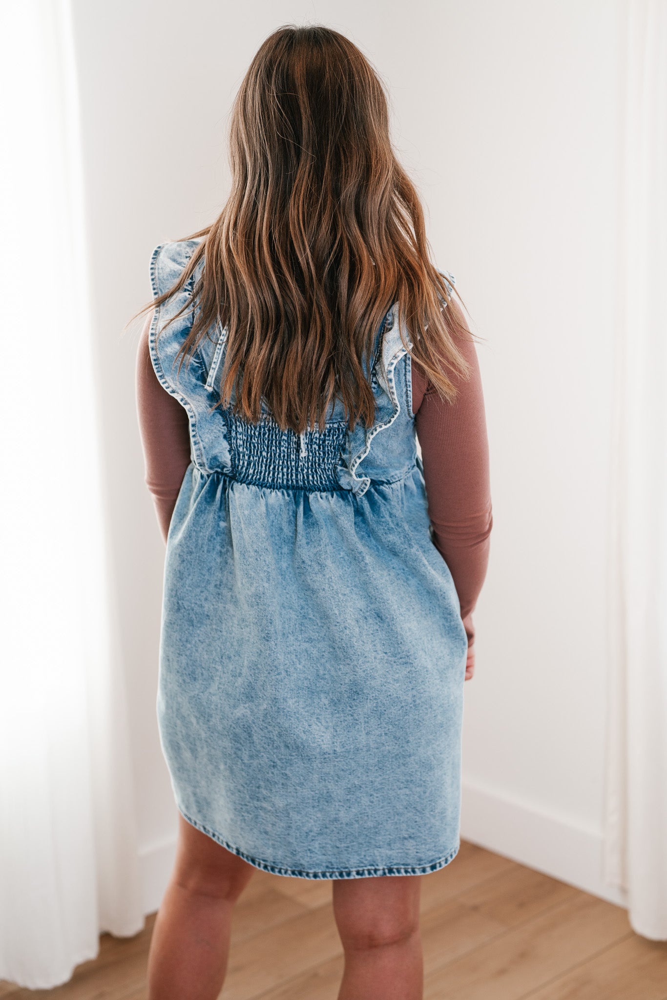 Dainty Ruffle Tie-Back Mini Denim Dress