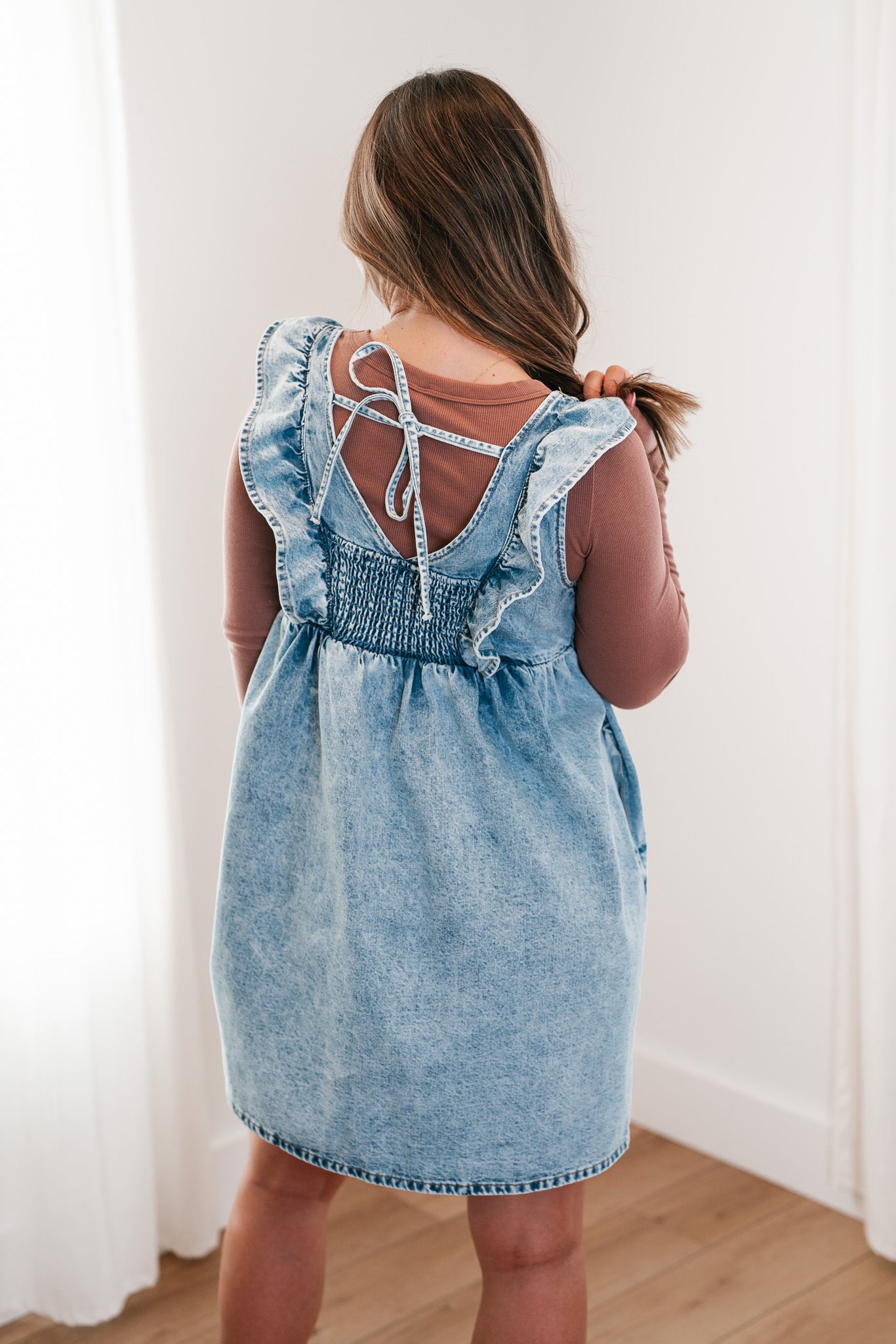 Dainty Ruffle Tie-Back Mini Denim Dress