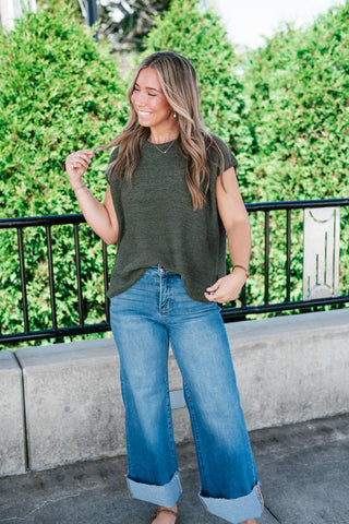 Everyday Ease Crew Neck Sweater Tank - Dark Green