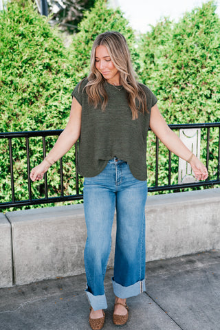 Everyday Ease Crew Neck Sweater Tank - Dark Green