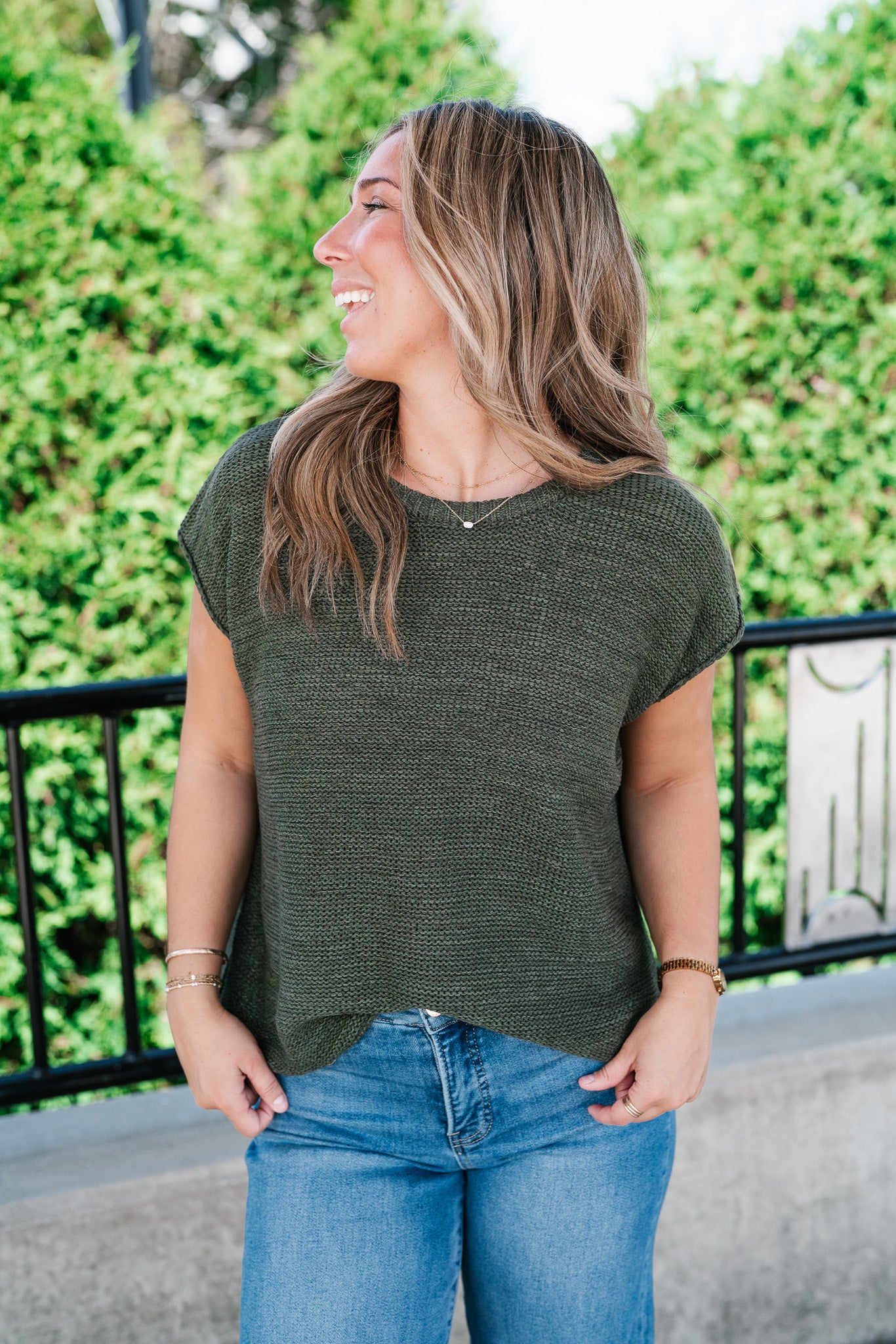 Everyday Ease Crew Neck Sweater Tank - Dark Green