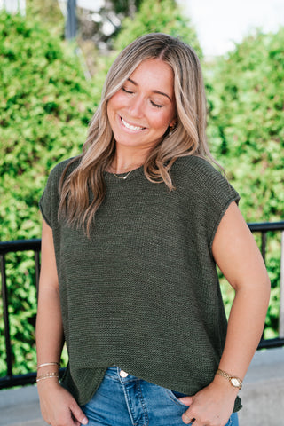 Everyday Ease Crew Neck Sweater Tank - Dark Green
