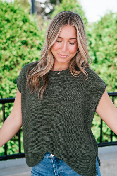 Everyday Ease Crew Neck Sweater Tank - Dark Green