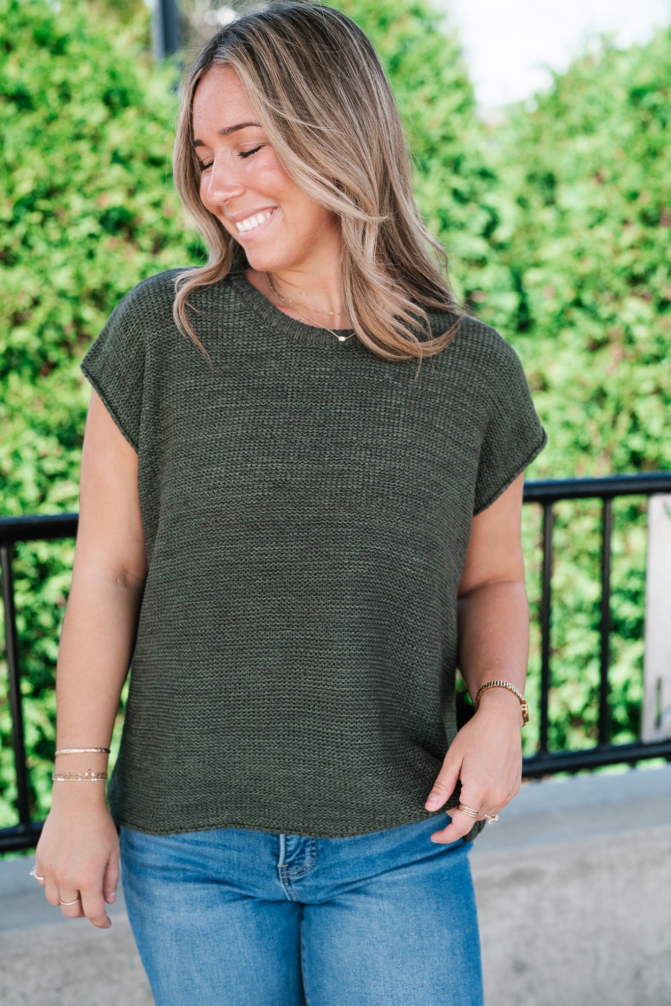 Everyday Ease Crew Neck Sweater Tank - Dark Green