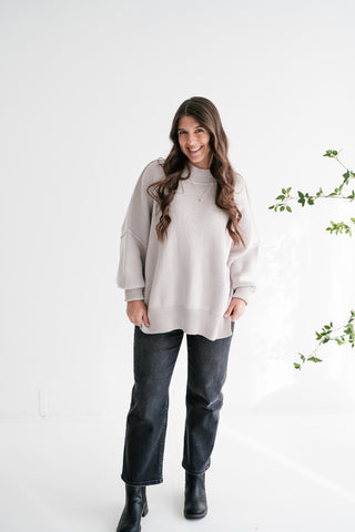 Misty Ridge Ribbed Mock Neck Oversized Sweater - White Sand