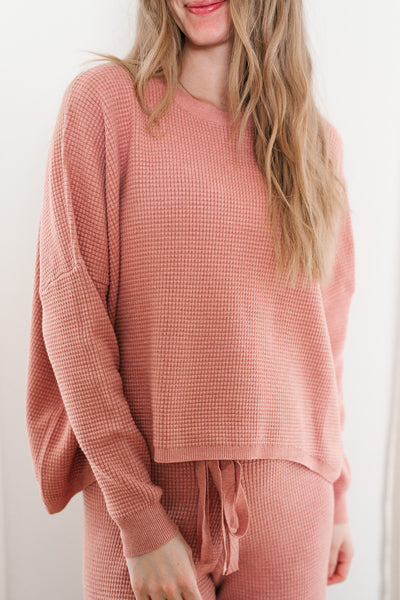 Comfy Girl Era Waffle Knit Sweater - Cranberry