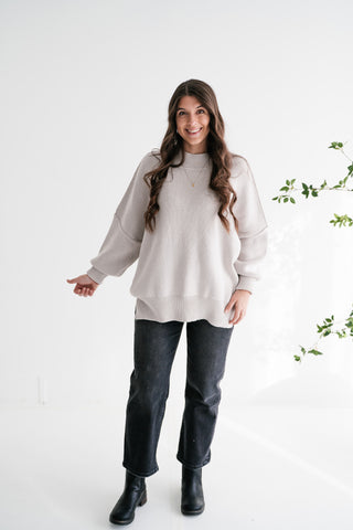 Misty Ridge Ribbed Mock Neck Oversized Sweater - White Sand