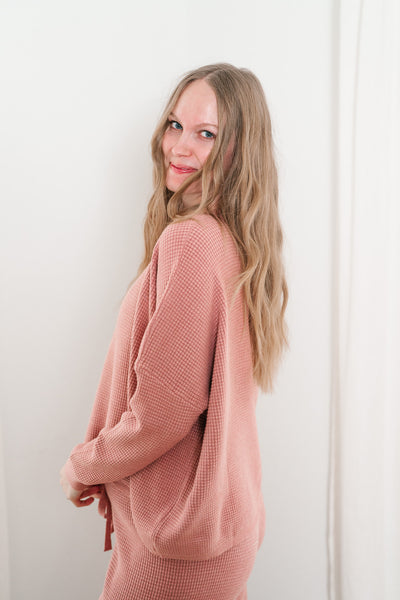 Comfy Girl Era Waffle Knit Sweater - Cranberry