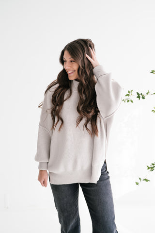 Misty Ridge Ribbed Mock Neck Oversized Sweater - White Sand