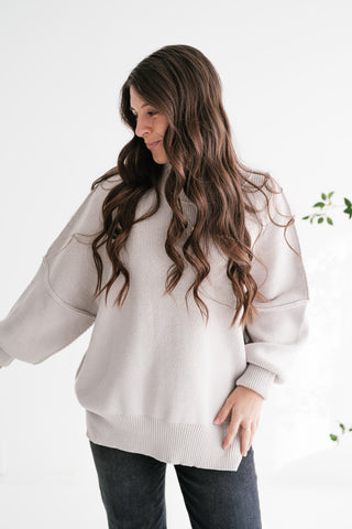 Misty Ridge Ribbed Mock Neck Oversized Sweater - White Sand