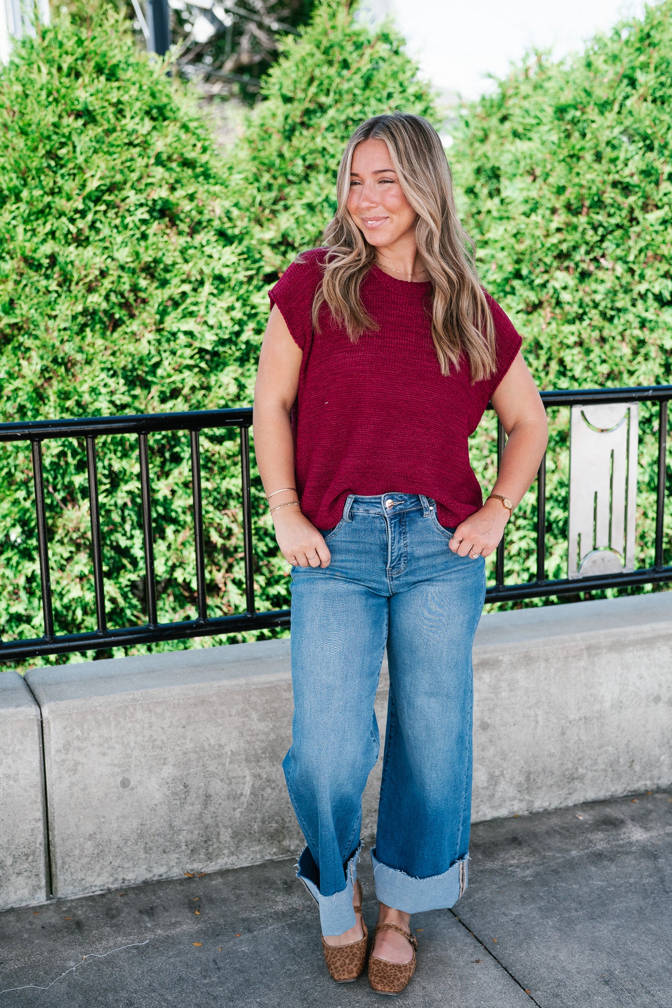 Everyday Ease Crew Neck Sweater Tank - Burgundy