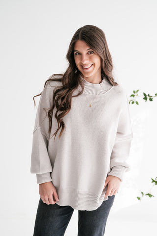 Misty Ridge Ribbed Mock Neck Oversized Sweater - White Sand