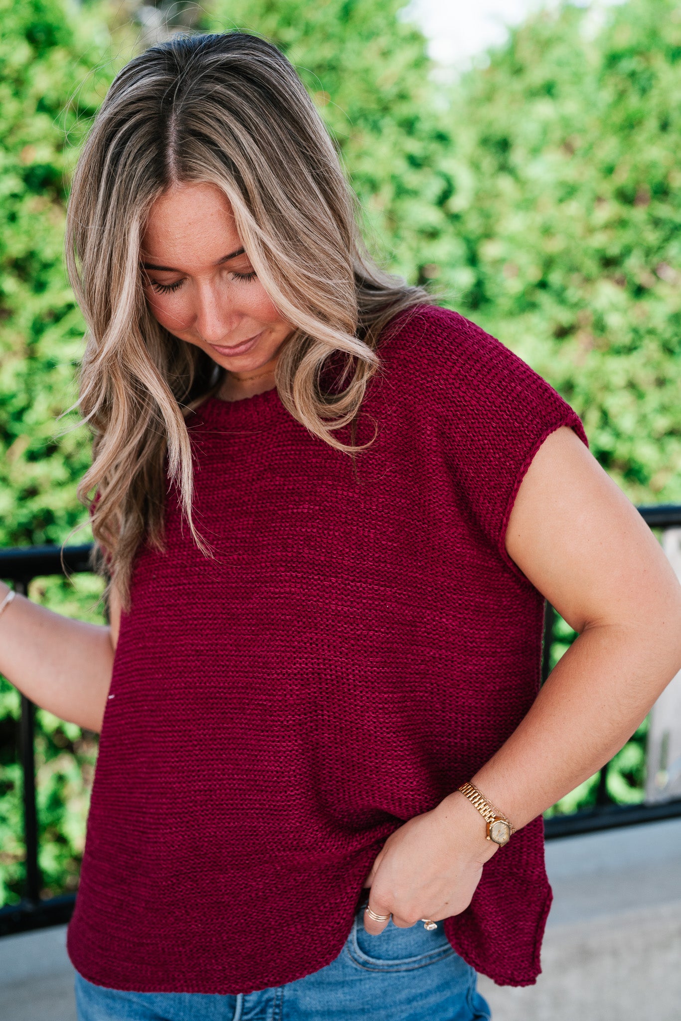 Everyday Ease Crew Neck Sweater Tank - Burgundy