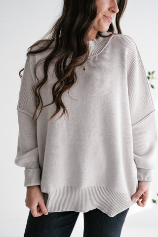 Misty Ridge Ribbed Mock Neck Oversized Sweater - White Sand