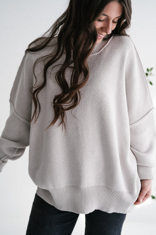 Misty Ridge Ribbed Mock Neck Oversized Sweater - White Sand