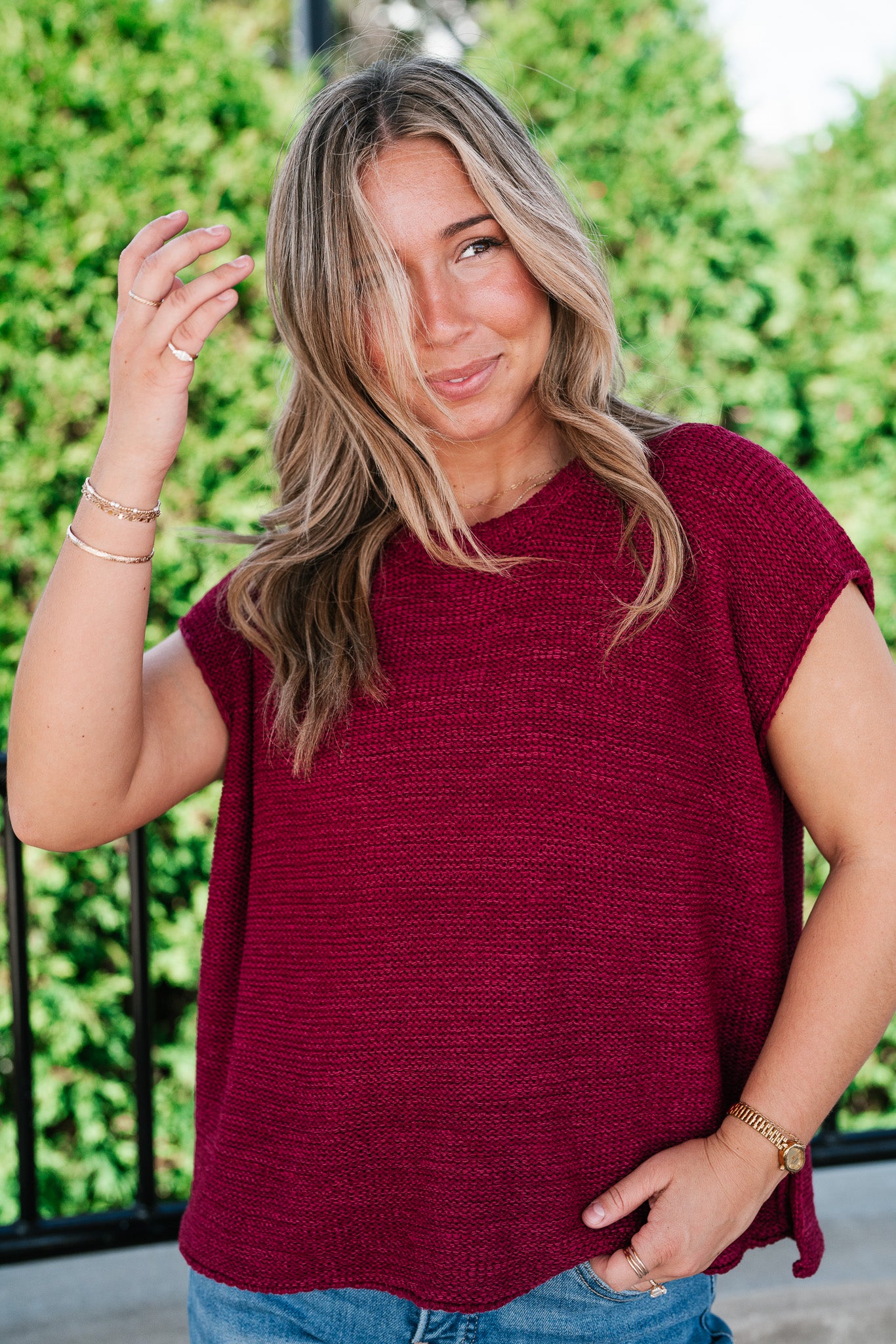 Everyday Ease Crew Neck Sweater Tank - Burgundy
