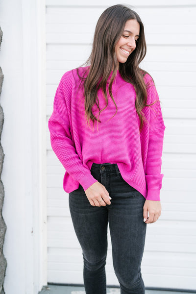 Comfy Girl Era Waffle Knit Sweater - Magenta