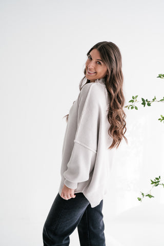 Misty Ridge Ribbed Mock Neck Oversized Sweater - White Sand