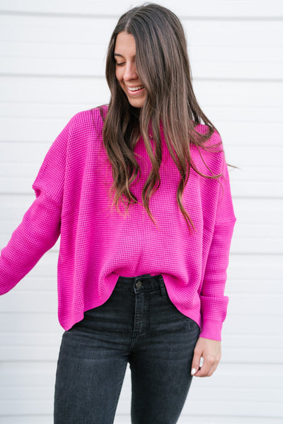 Comfy Girl Era Waffle Knit Sweater - Magenta