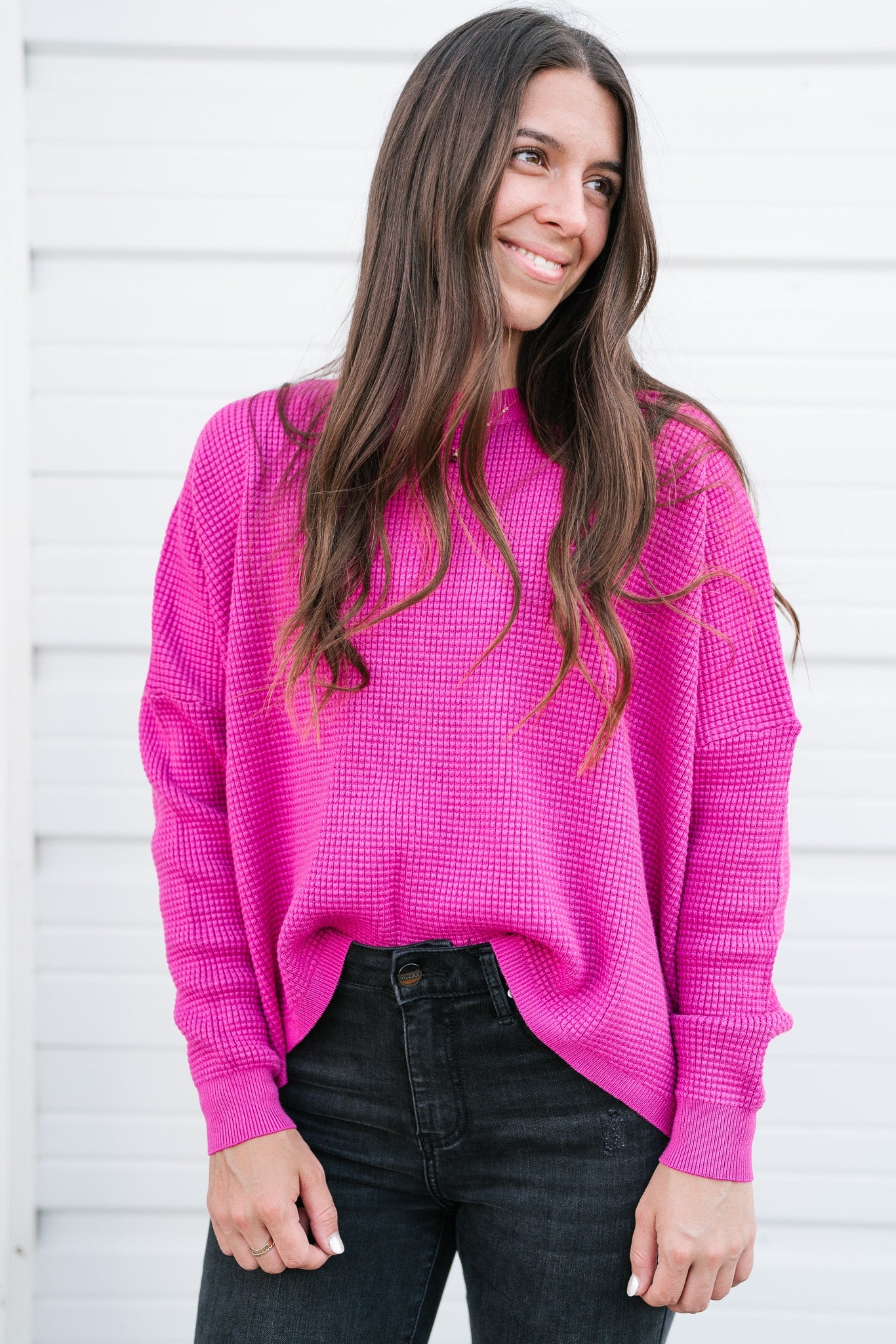 Comfy Girl Era Waffle Knit Sweater - Magenta