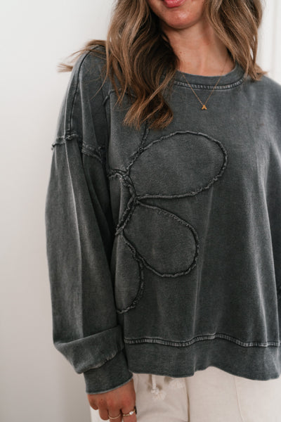 Charcoal Floral Detail Crewneck Top