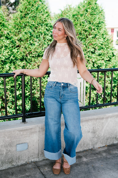 Sheer Lace Short Sleeve Top - Nude