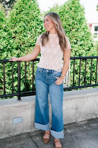 Sheer Lace Short Sleeve Top - Nude