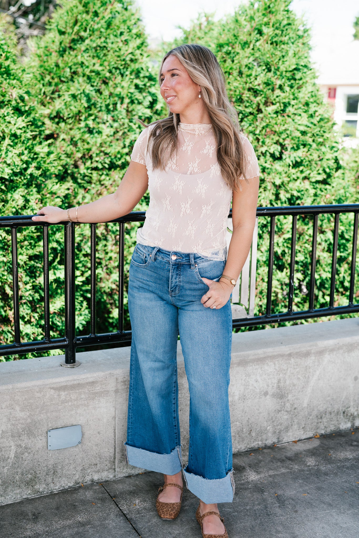 Sheer Lace Short Sleeve Top - Nude