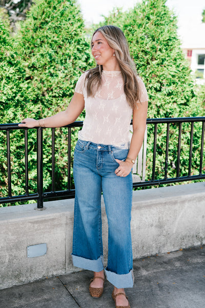 Sheer Lace Short Sleeve Top - Nude