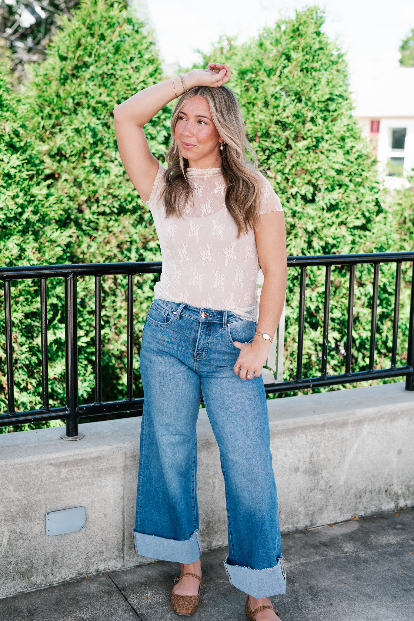 Sheer Lace Short Sleeve Top - Nude