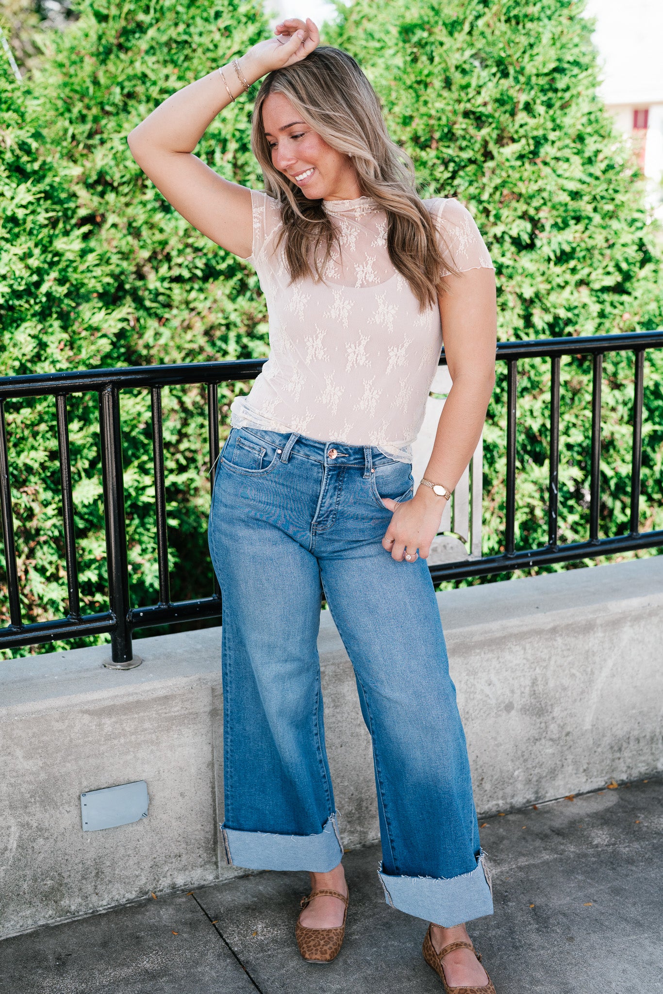 Sheer Lace Short Sleeve Top - Nude