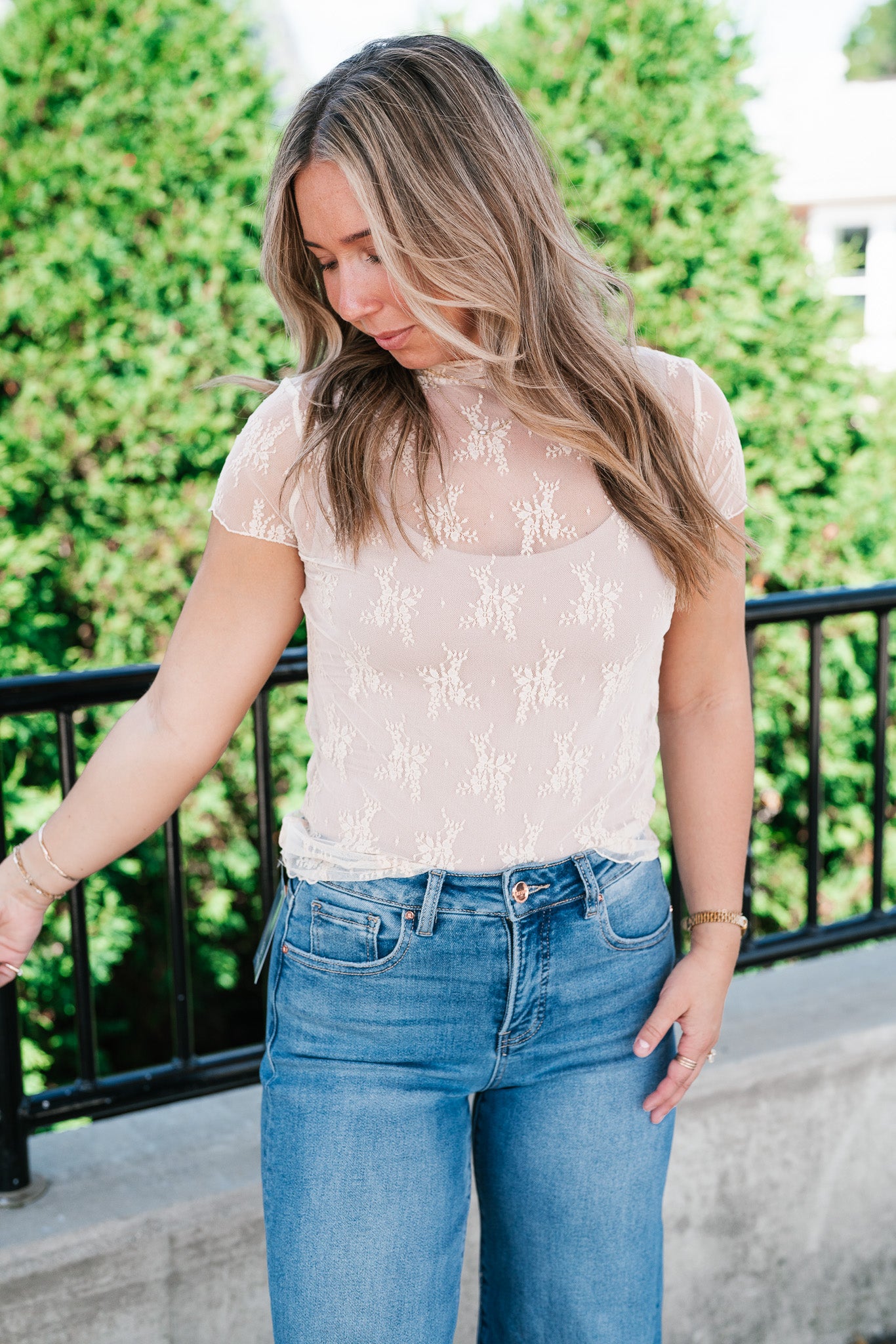 Sheer Lace Short Sleeve Top - Nude