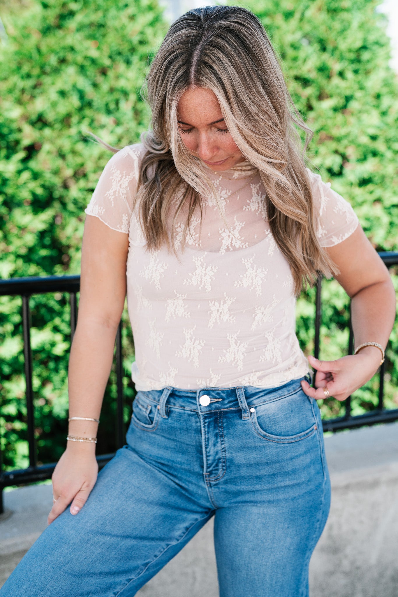 Sheer Lace Short Sleeve Top - Nude
