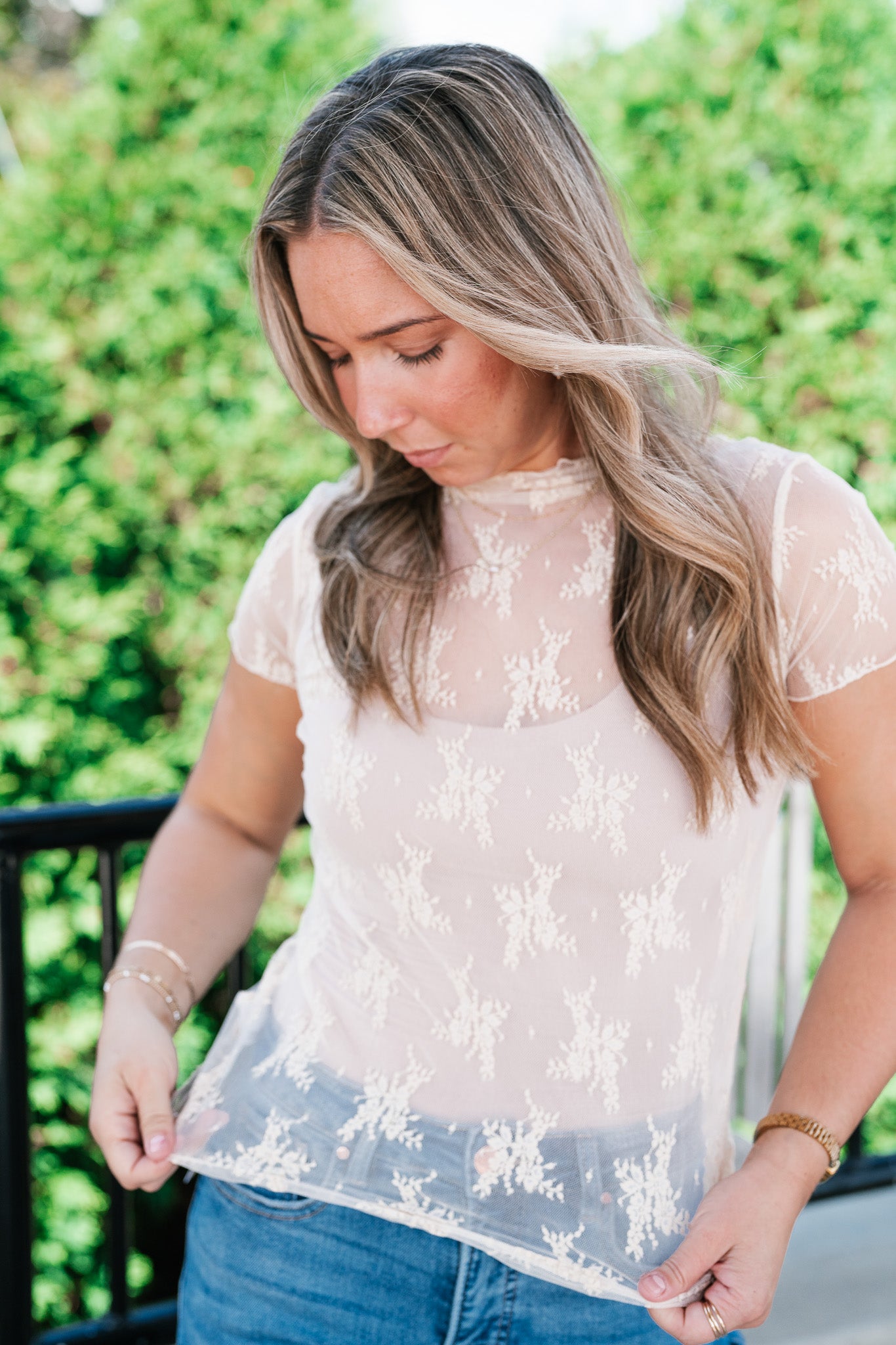 Sheer Lace Short Sleeve Top - Nude