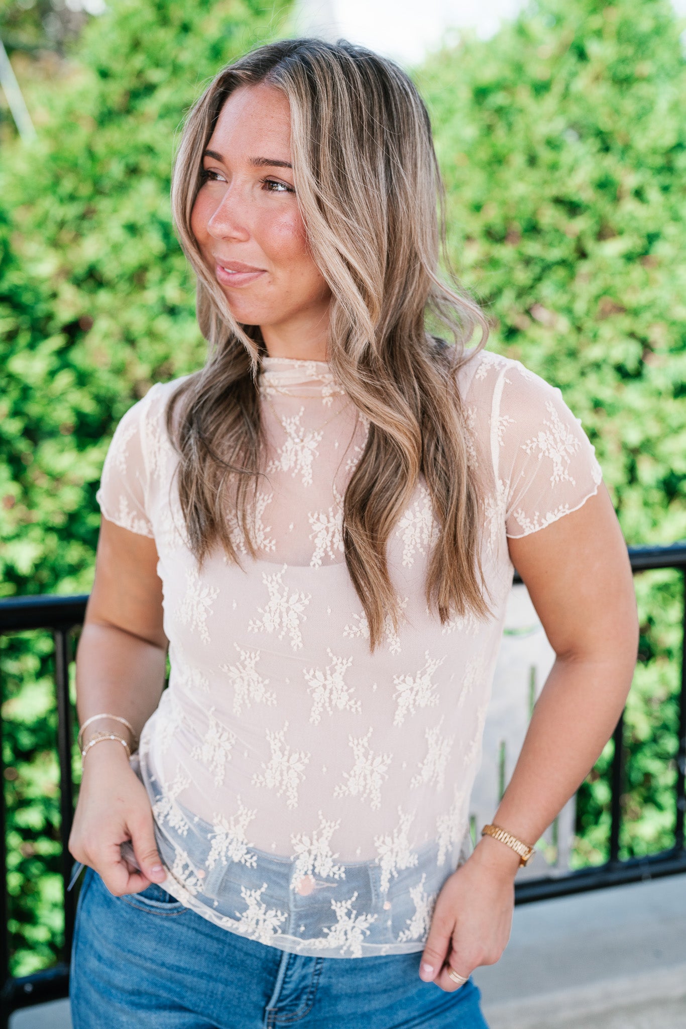 Sheer Lace Short Sleeve Top - Nude