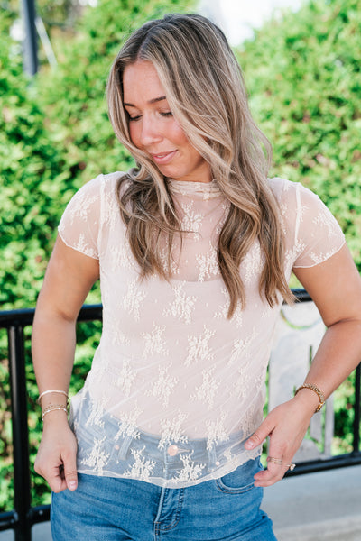 Sheer Lace Short Sleeve Top - Nude