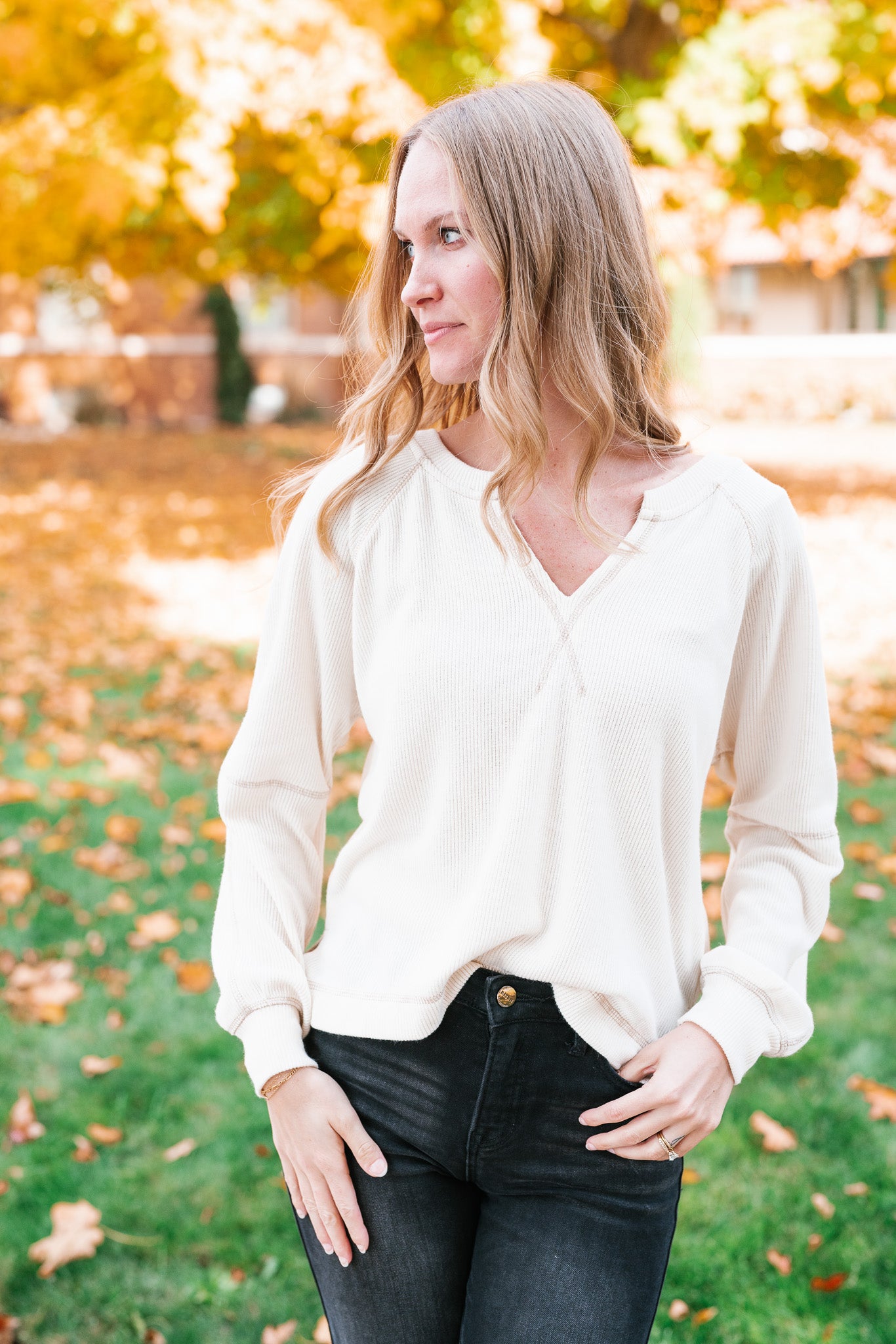 Crisp Air Split Neck Long Sleeve Top - Cream