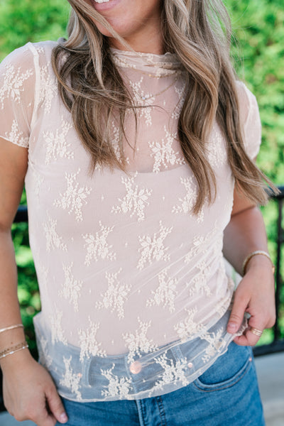 Sheer Lace Short Sleeve Top - Nude