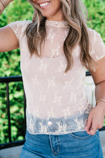 Sheer Lace Short Sleeve Top - Nude
