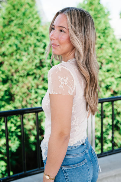 Sheer Lace Short Sleeve Top - Nude