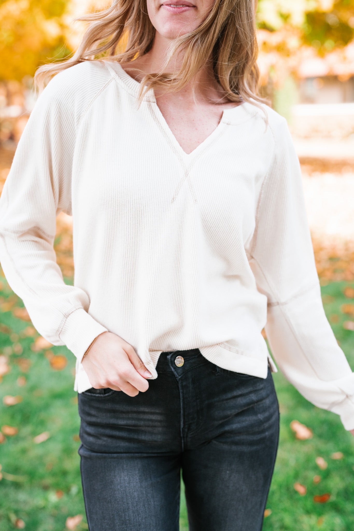 Crisp Air Split Neck Long Sleeve Top - Cream