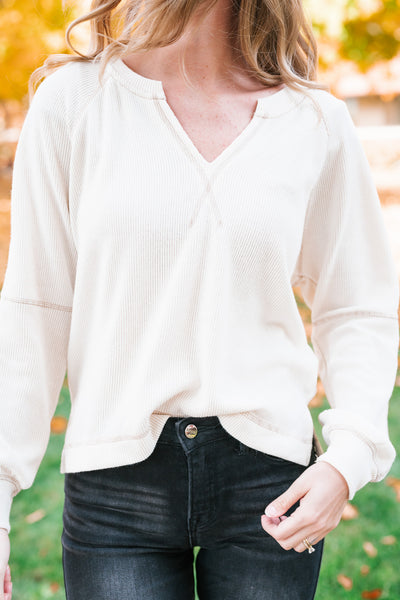 Crisp Air Split Neck Long Sleeve Top - Cream