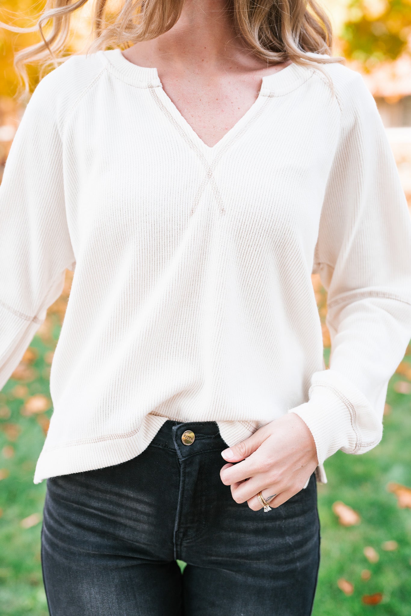 Crisp Air Split Neck Long Sleeve Top - Cream