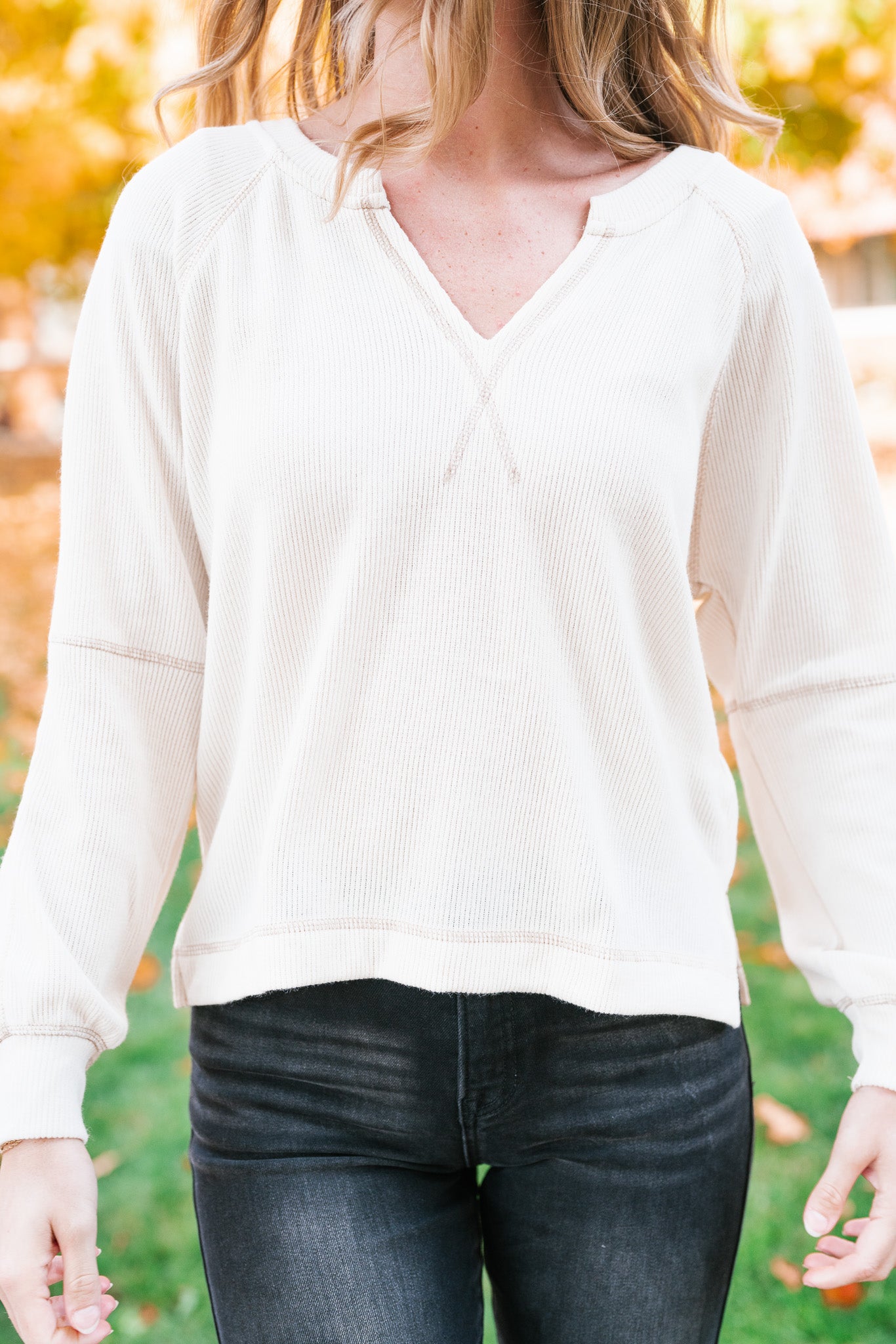 Crisp Air Split Neck Long Sleeve Top - Cream